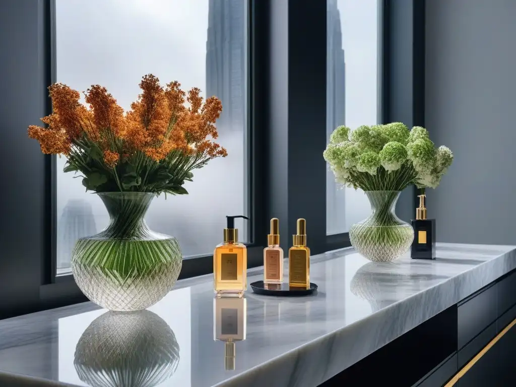 Vanity de lujo con productos de belleza: escena sofisticada y aspiracional Vanity de baño moderno con productos de belleza de alta gama y luz natural