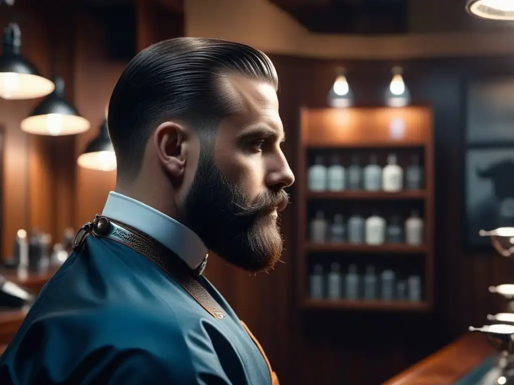 Barbero profesional esculpiendo barba con precisión en salón moderno Un barbero profesional cuida con precisión la barba de un hombre en un elegante salón, rodeado de productos premium