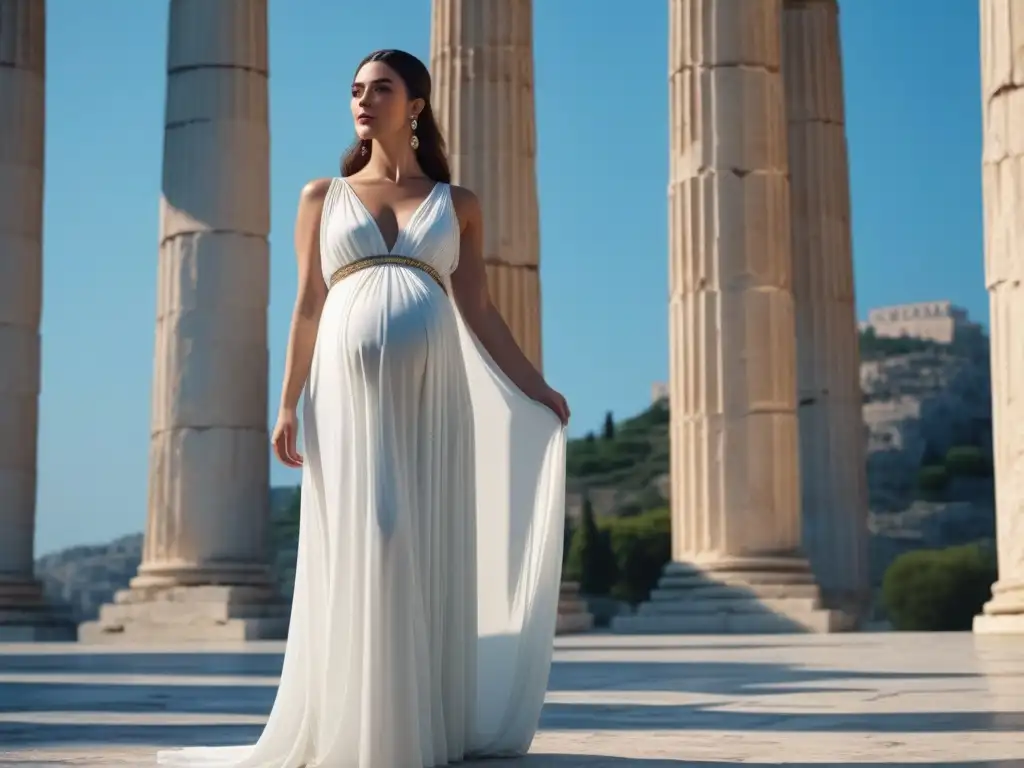 Elegante embarazo en Atenas: fusión de moda y cultura Bella mujer embarazada en Atenas en un elegante vestido blanco, fusionando moda maternal de lujo con la elegancia ateniense