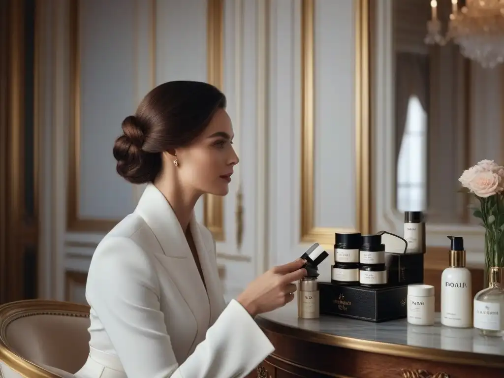 Rutina de belleza francesa: lujo y elegancia en París Belleza francesa: mujer sofisticada aplica productos de lujo en elegante apartamento parisino