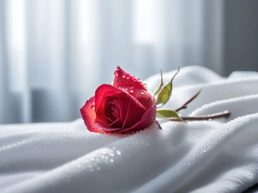 Rosa fresca con gotas de agua en su pétalo sobre toalla blanca La belleza de un pétalo de rosa con rocío en un suave toallón blanco, bañado por la luz del sol en un baño minimalista