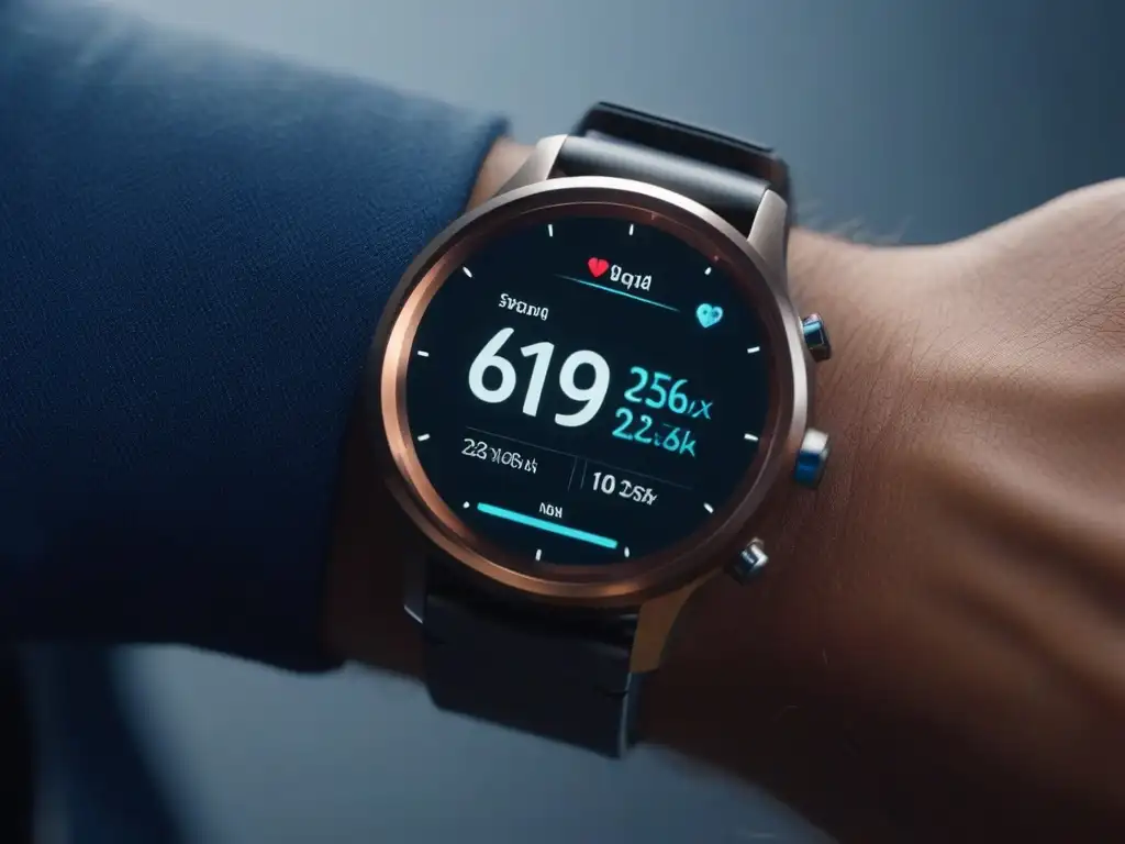 Smartwatch moderno con funciones avanzadas de salud en alta resolución Wearables premium bienestar emocional: Detalle de un smartwatch moderno con avanzadas funciones de salud en la pantalla de alta resolución