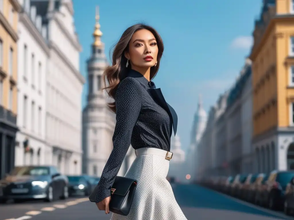 Blogger de moda petite en entorno urbano vibrante Una blogger de moda petite en una ciudad moderna