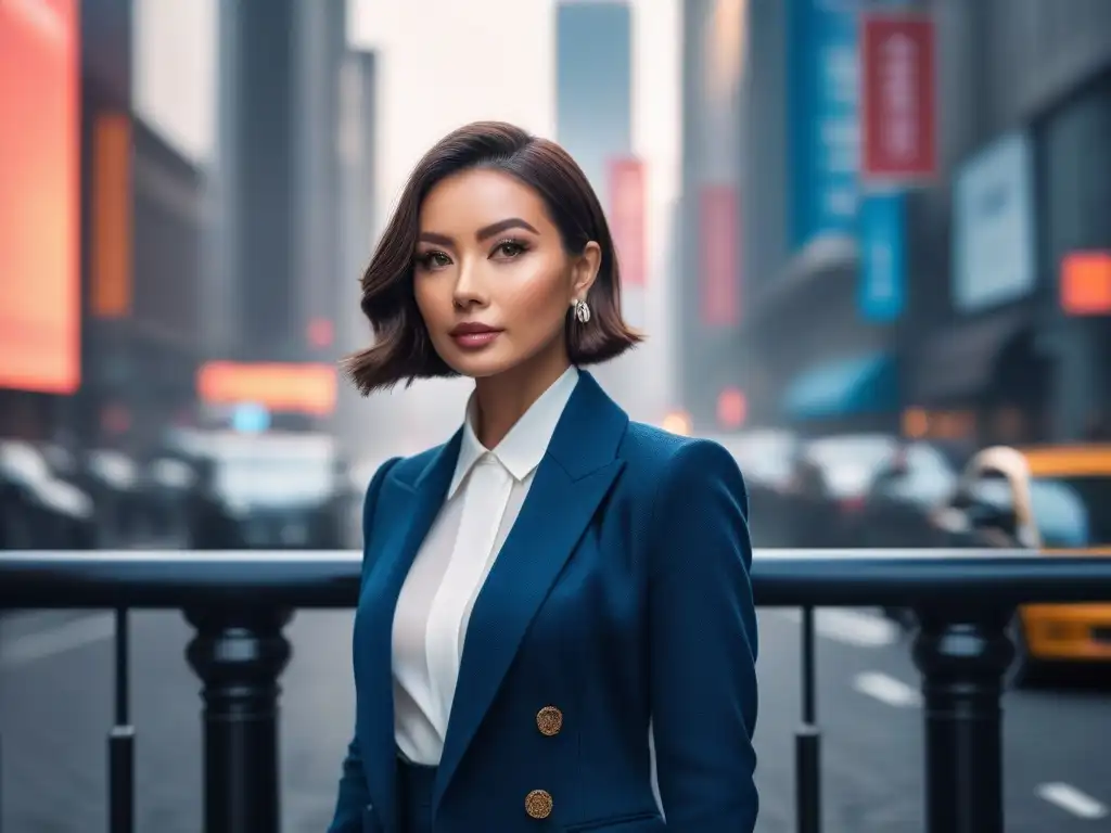 Estilista petite en ciudad moderna Una bloguera de moda petite destaca en la ciudad, luciendo un outfit elegante