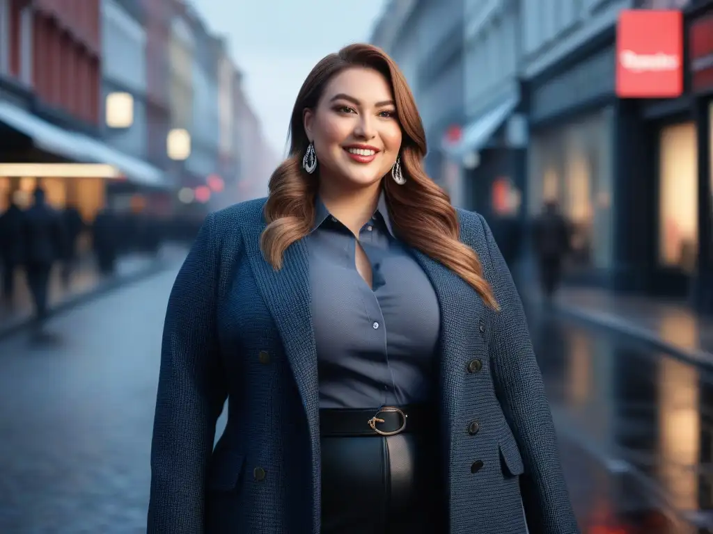 Influencer de moda plus size: empoderamiento en la ciudad Una bloguera de moda tallas grandes segura de sí misma en la ciudad, destacando su estilo personal moda tallas grandes