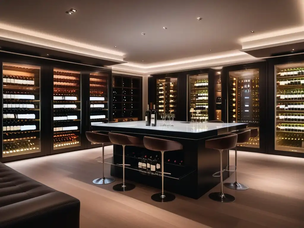 Cava de vinos inteligente y futurista en hogar de lujo Descubre la bodega inteligente de lujo con gadgets para vino en casa moderna