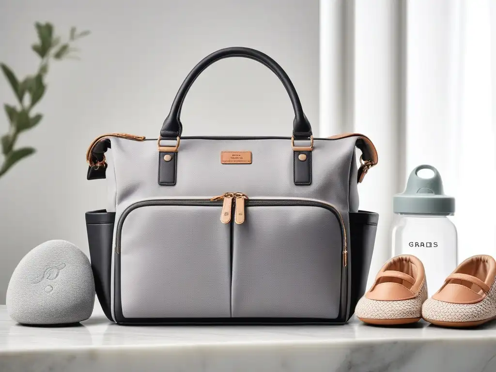 Bolso pañalero elegante y funcional para mamás modernas Una bolsa de pañales elegante y funcional para mamás modernas, en tonos grises y blush, sobre una encimera de mármol