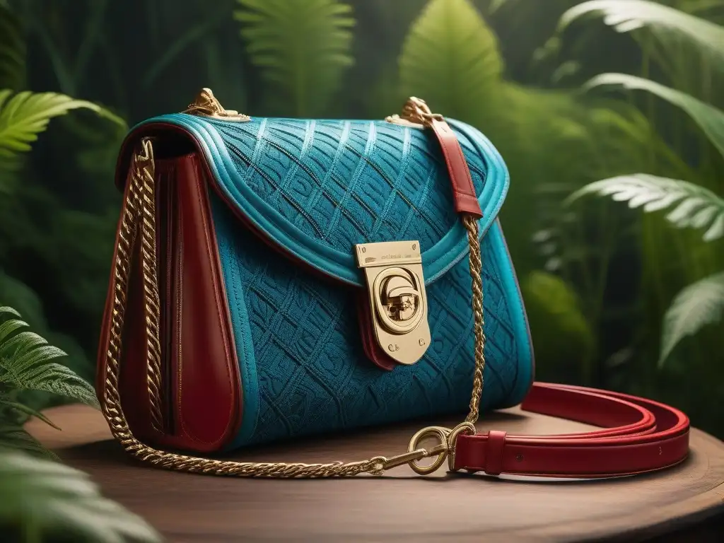 Bolso de diseñador eco-lujoso en entorno natural Bolso de diseñador de lujo en segunda mano, con detalles intrincados y colores vibrantes en un entorno natural