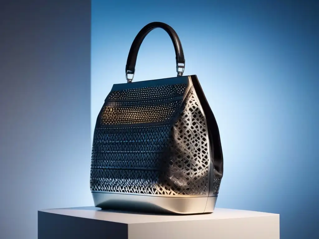 Bolso futurista de diseño innovador y creativo en luz suave Un bolso futurista en un pedestal minimalista bajo luz suave, reflejando diseño innovador