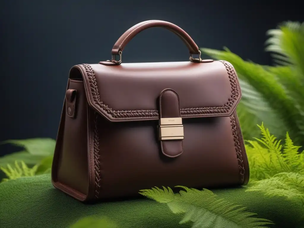 Bolso vegano de cuero: elegancia sostenible en la naturaleza Bolso de moda vegana sin crueldad animal, con diseño minimalista y detalles de costura intrincados, sobre un fondo de vegetación exuberante