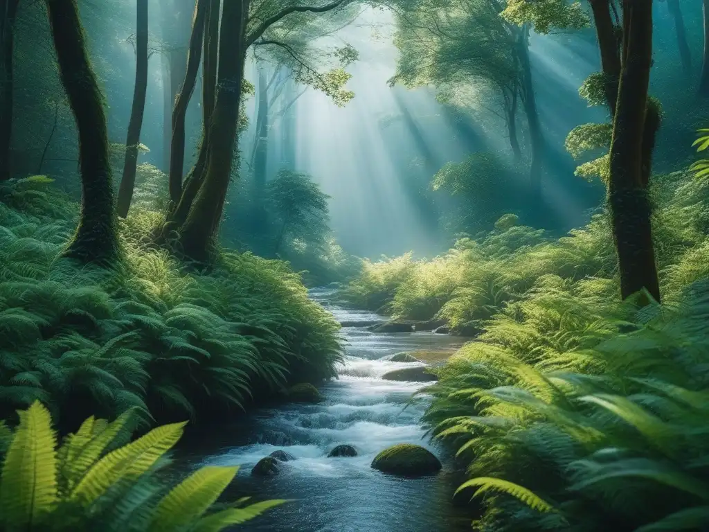 Bosque verde exuberante con arroyo cristalino: belleza natural y sostenible Un bosque exuberante con un arroyo cristalino bajo la luz del sol, reflejando la belleza de tratamientos ecológicos belleza sostenible