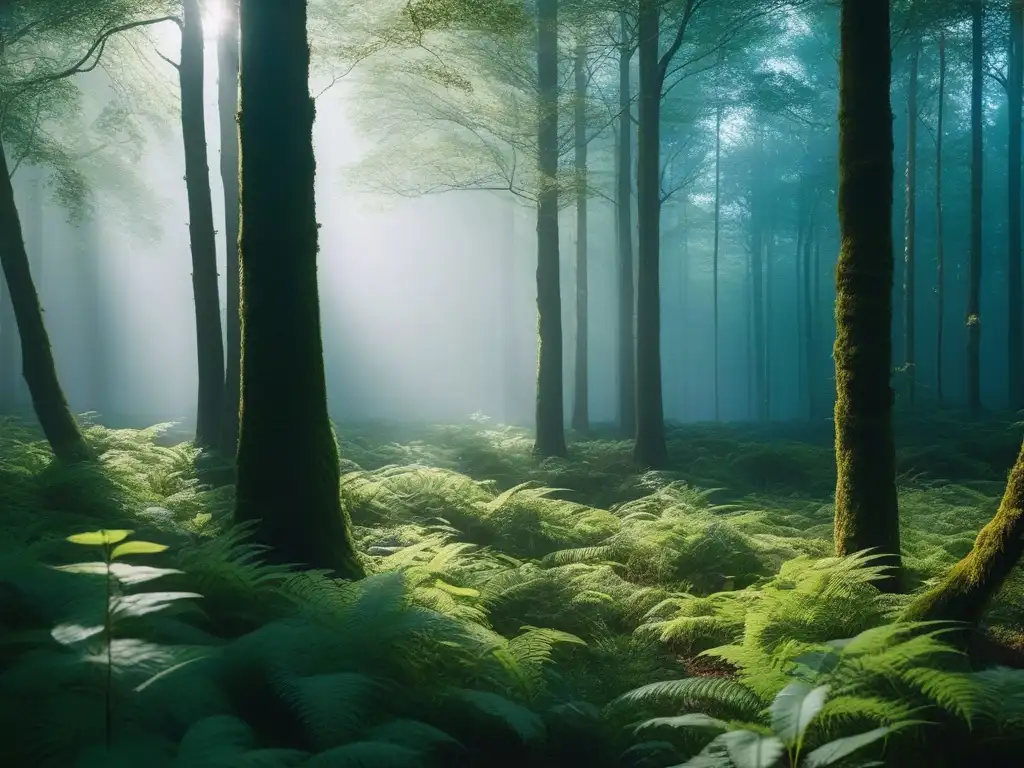 Bosque verde exuberante: belleza natural y sostenibilidad en la moda Un bosque exuberante con luz solar entre las ramas