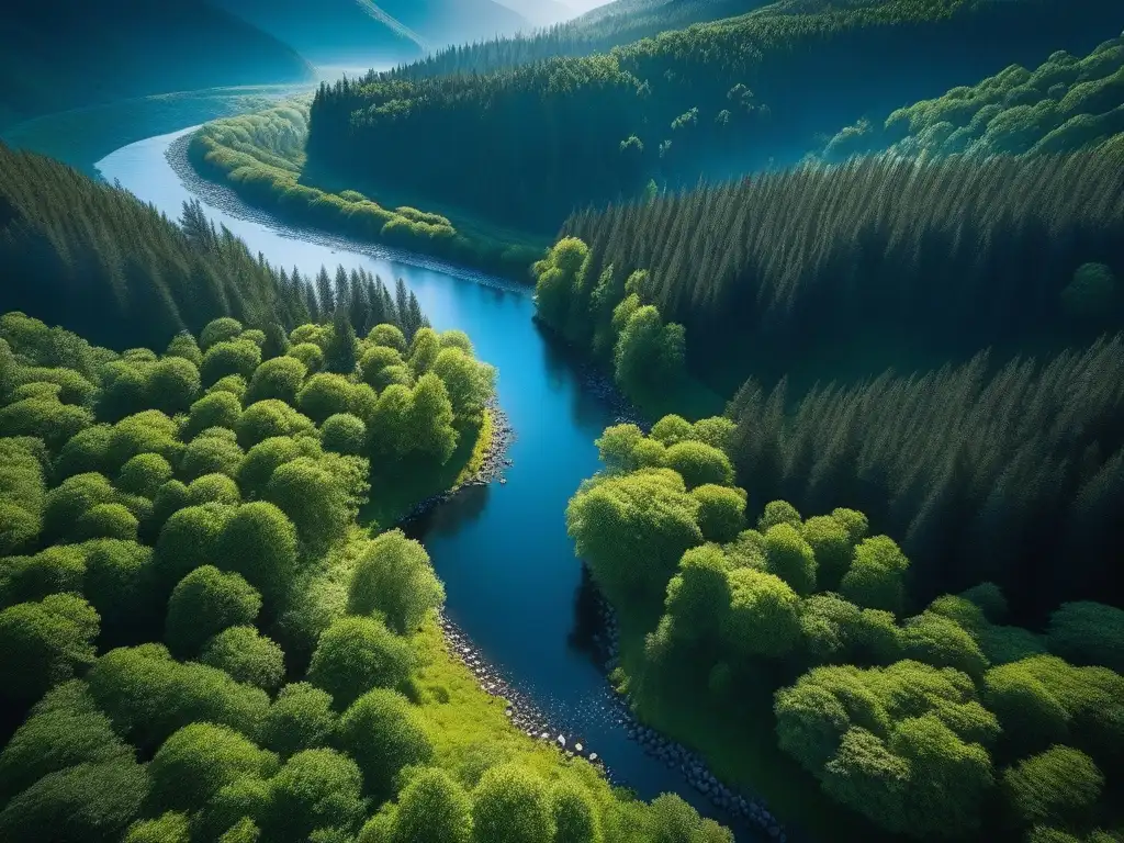 Paraíso natural: bosque verde, río sereno y montañas majestuosas Un bosque exuberante con un río sereno, montañas nevadas al fondo