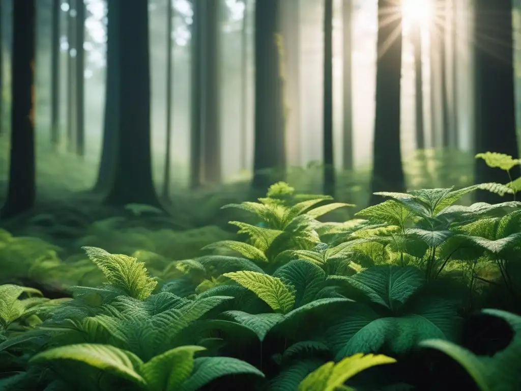 Bosque exuberante: armonía natural en la moda Un bosque exuberante y sereno con luz solar filtrándose a través del dosel, creando patrones de luz y sombra