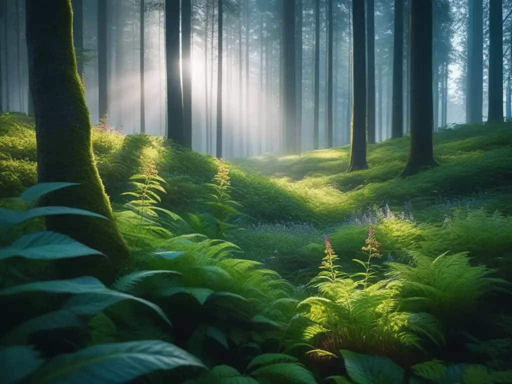 Bosque exuberante y sereno: luz del sol entre el dosel verde Un bosque exuberante y sereno con luz filtrada entre el denso dosel, creando sombras moteadas