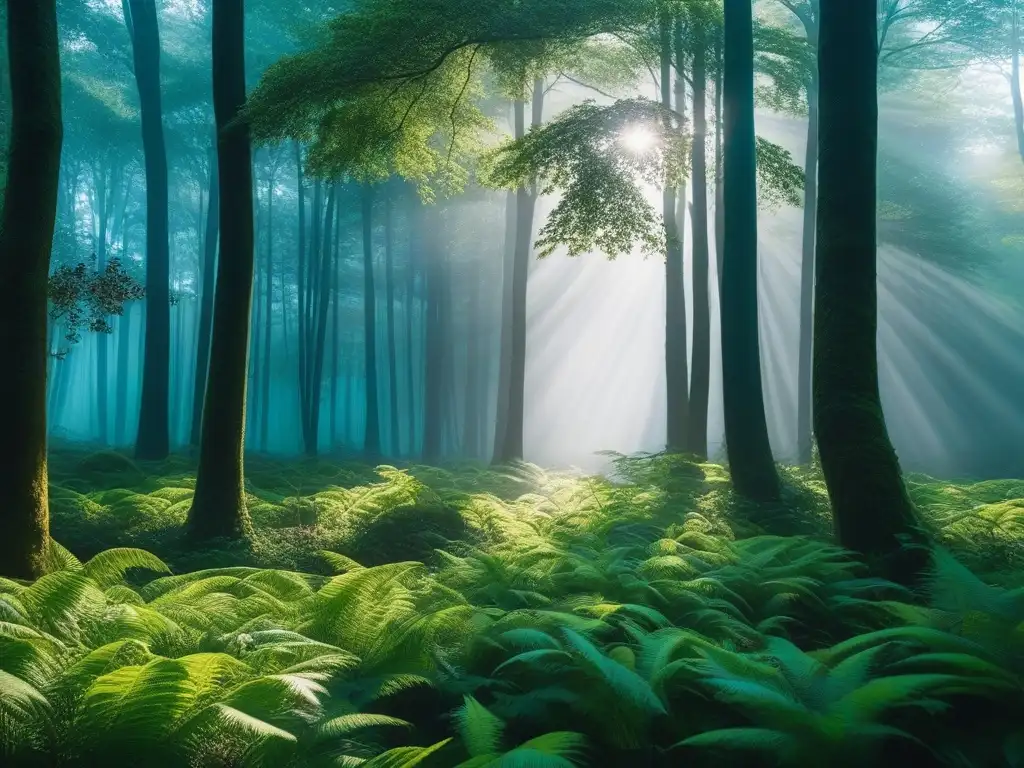 Bosque verde: belleza natural para la moda sostenible Un bosque exuberante y verde con luz solar filtrándose entre el dosel, destacando los colores vibrantes de las hojas y los patrones intrincados de la vegetación