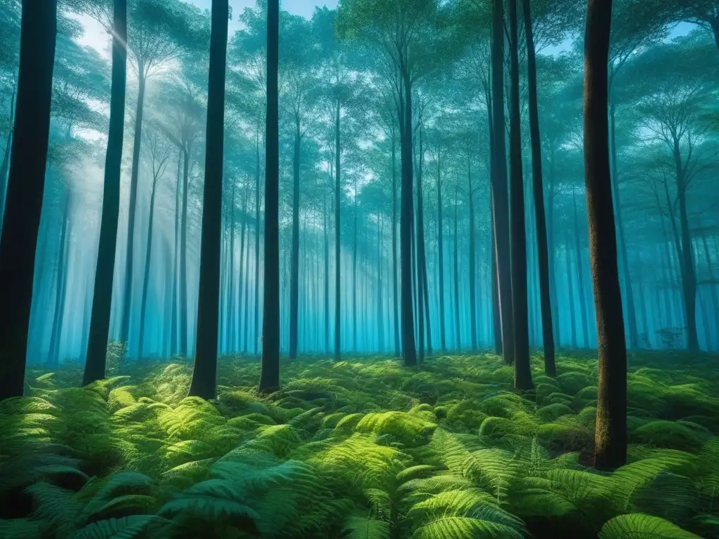 Bosque exuberante: luz y sombra en armonía Un bosque exuberante y vibrante bajo un cielo azul claro