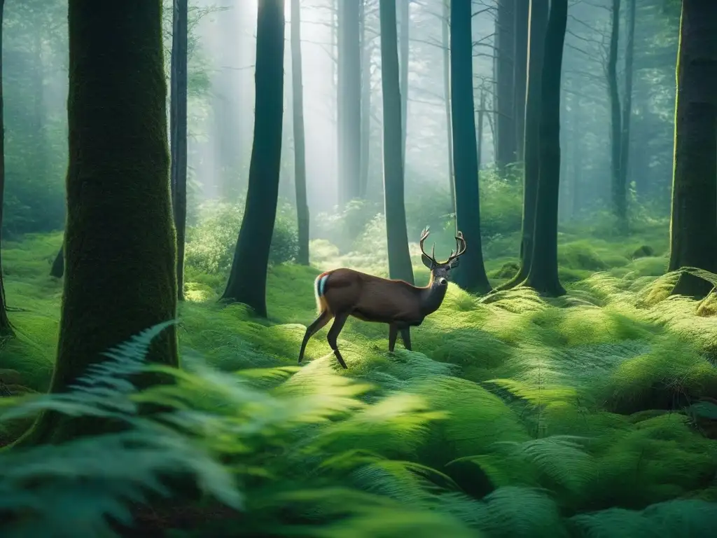 Bosque verde exuberante: armonía y belleza de la naturaleza Un bosque exuberante con vida vegetal diversa y ciervos, transmitiendo armonía y conexión con la naturaleza