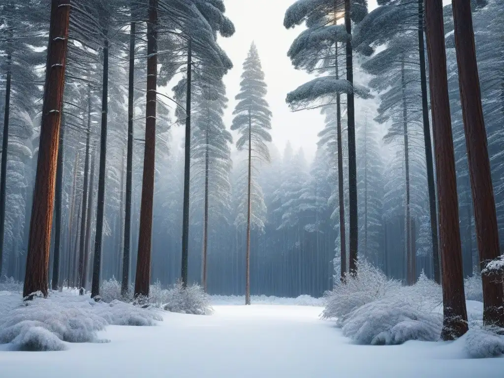 Paisaje invernal de serenidad: bosque nevado bajo la suave luz del sol Un bosque invernal cubierto de nieve con pinos majestuosos bajo la suave luz del sol