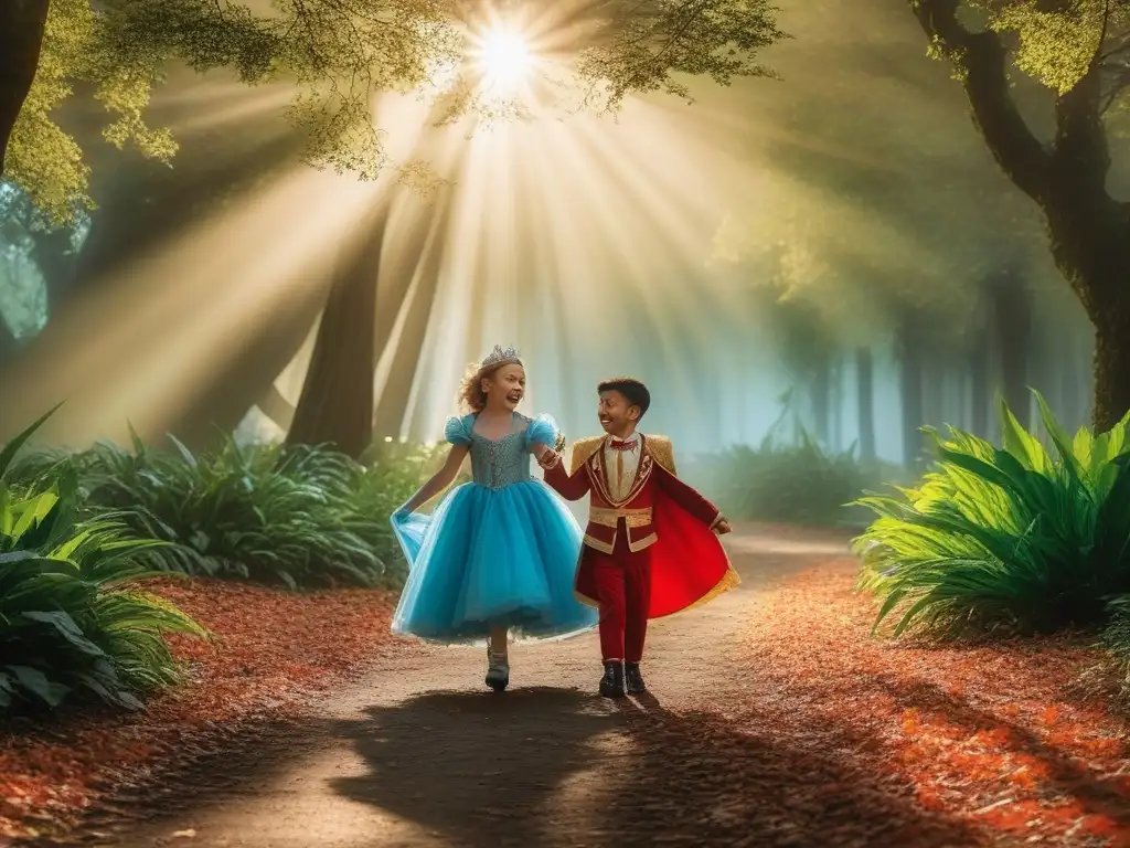 Juegos mágicos en el bosque: niños creativos y felices Un bosque mágico donde niños de diferentes edades y orígenes juegan con disfraces creativos para niños únicos