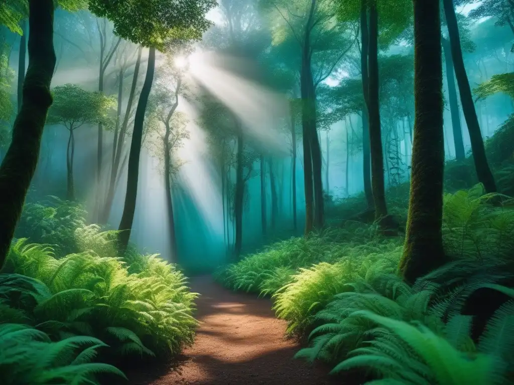 Belleza natural en moda sostenible: bosque exuberante Un bosque verde exuberante iluminado por el sol, mostrando la belleza de la naturaleza y la moda sostenible impacto ambiental diferencia