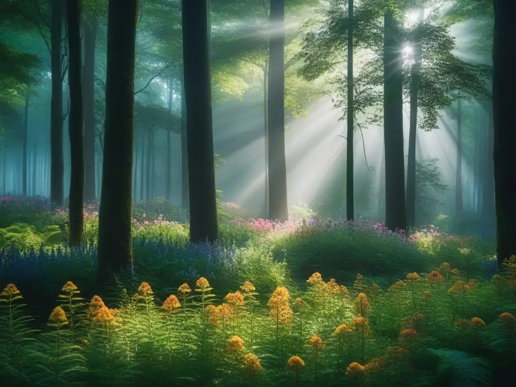 Belleza sostenible: bosque verde y flores vibrantes Bosque verde exuberante iluminado por rayos de sol, reflejando armonía y tranquilidad
