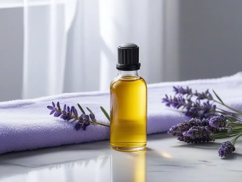 Botella de aceite de jojoba dorado junto a lavanda en mármol Botella de cristal con aceite de jojoba dorado, lavanda fresca y toalla, crea ambiente sereno para piel seca