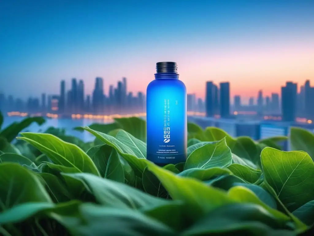 Suplemento futurista en armonía con la naturaleza Botella futurista de suplemento en medio de hojas verdes y ciudad tecnológica al atardecer, representando la guía ayuno intermitente suplementos