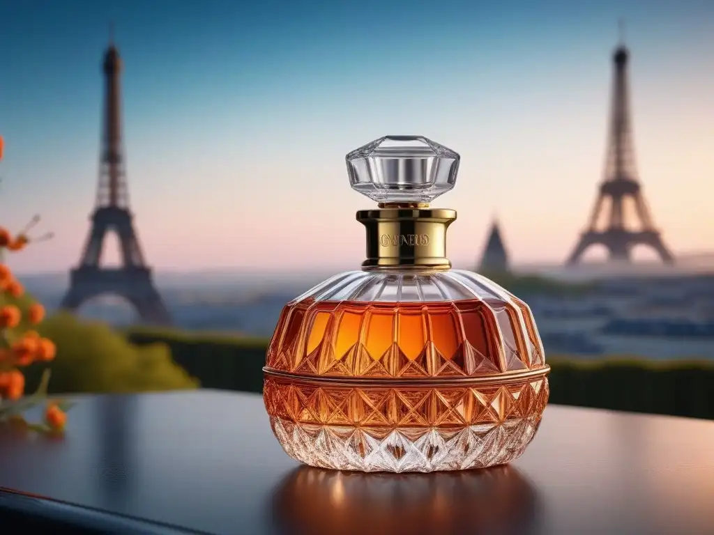 Perfume francés de lujo con la Torre Eiffel al atardecer Botella de perfume de lujo frente a la Torre Eiffel al atardecer, capturando la esencia de la belleza francesa productos lujo inclusivos