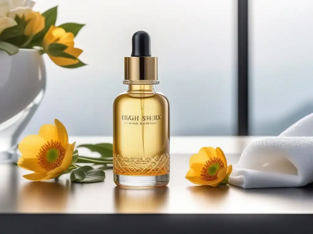 Serum de lujo: detalle impecable del envase y marca elegante Botella de suero de lujo iluminada por suaves rayos dorados, sobre tocador elegante