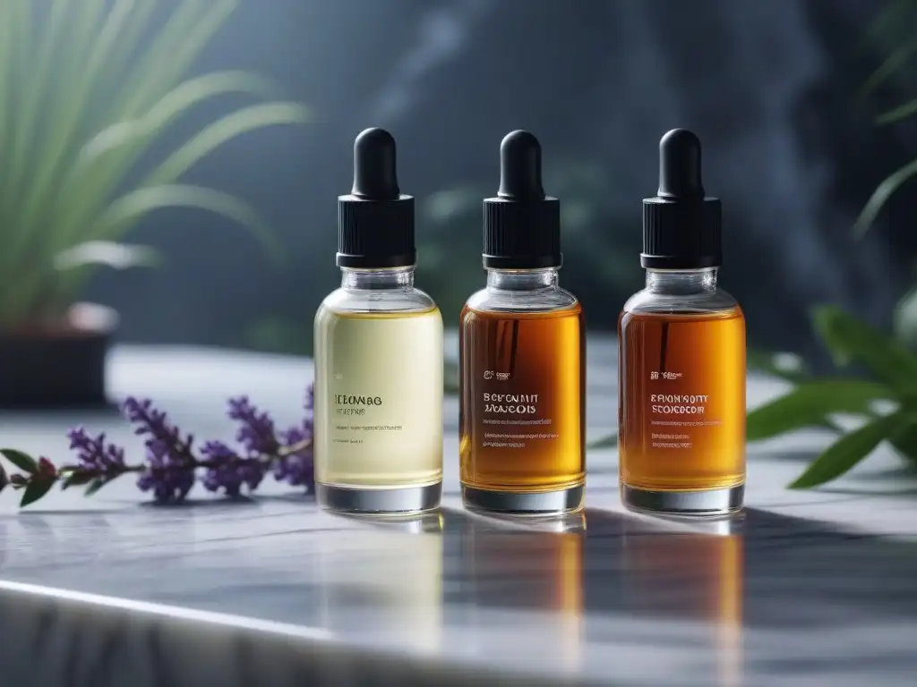 Exquisitos aceites corporales de lavanda, coco y rosa en elegantes envases Botellas de aceites corporales de lujo en mármol con ingredientes como lavanda, coco y rosa mosqueta