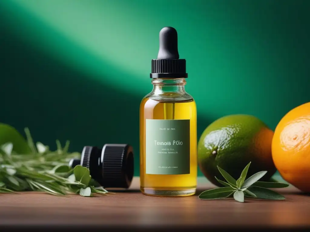 Collección de aceites esenciales para piel grasa: frescura y elegancia Botellas de aceites esenciales para tipo piel, rodeadas de hierbas verdes y cítricos vibrantes en un fondo suave y difuminado