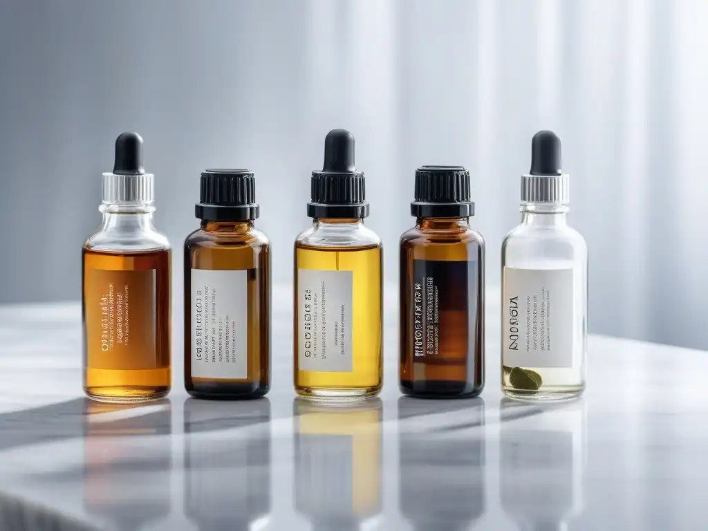 Beneficios para la piel: Esenciales en botellas de vidrio Botellas de aceites esenciales para tipo de piel, variedad de colores y beneficios, sobre encimera de mármol blanco