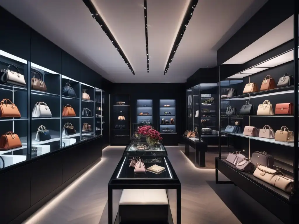 Lujosa boutique de accesorios de lujo: minimalismo y elegancia Una boutique de accesorios de moda de lujo con elegante decoración minimalista y productos exquisitos destacados por una iluminación ambiental suave