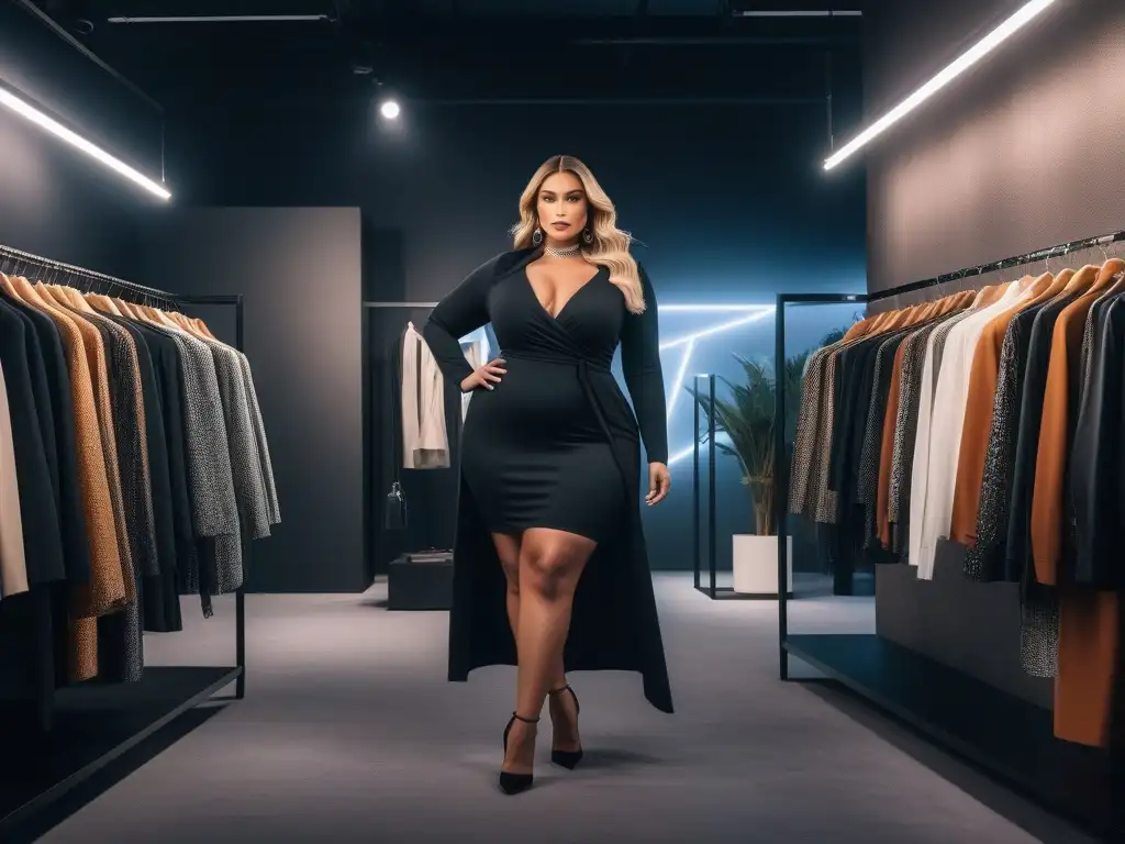 Boutique de moda plus size en Las Vegas: inclusiva y elegante Una boutique chic en Las Vegas especializada en moda para tallas grandes, con mujeres seguras y elegantes explorando prendas de moda trendy