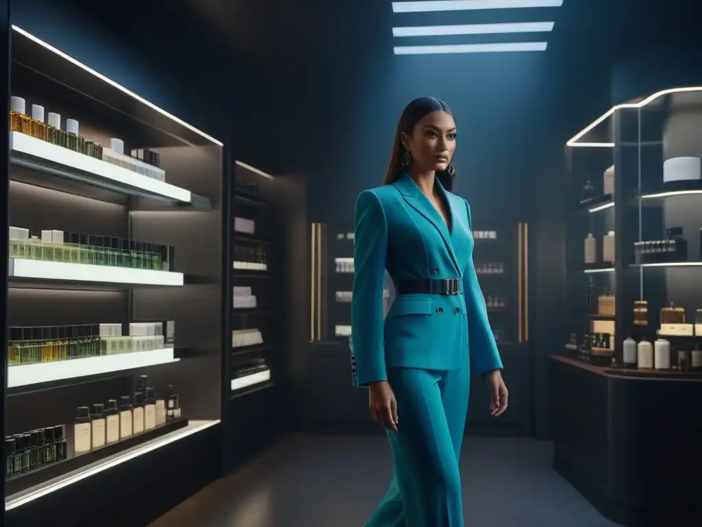 Tienda de lujo: clientes sorprendidos en un elegante salón de belleza Una boutique de cuidado de la piel moderna y elegante, con tratamientos de lujo para piel en envases sofisticados