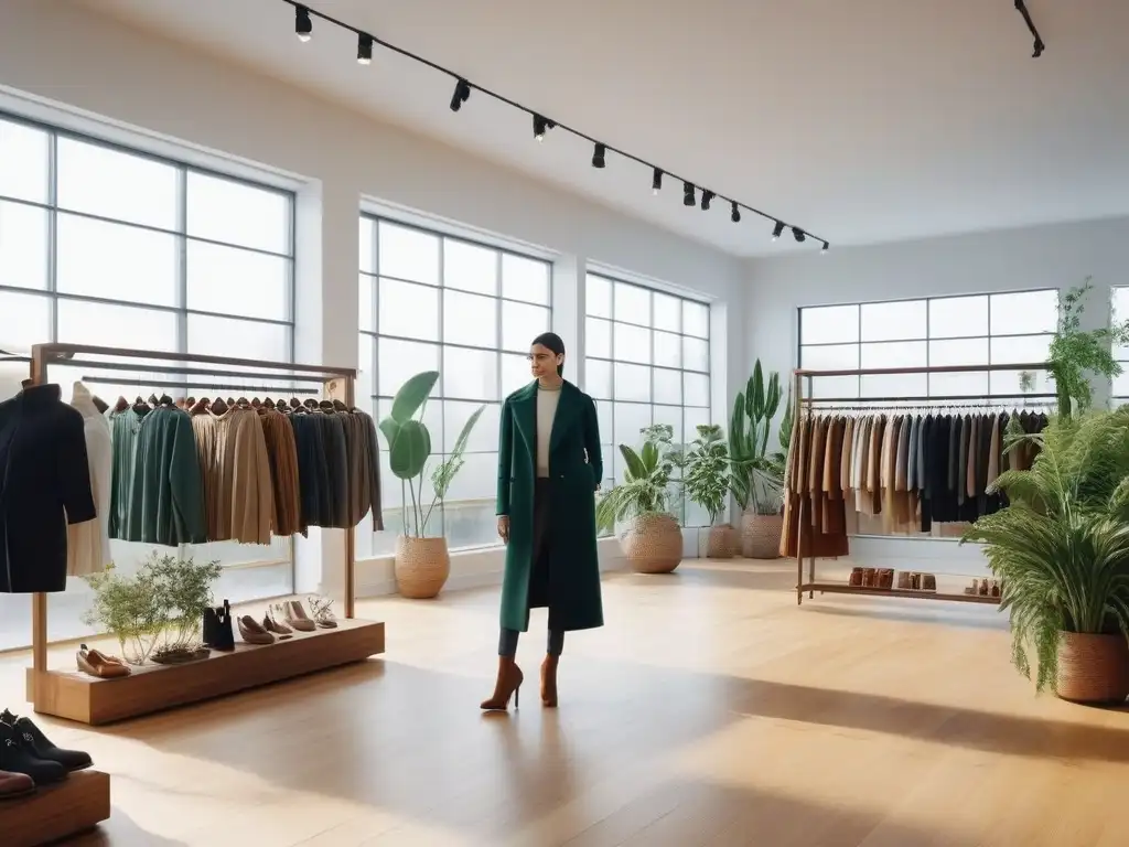 Boutique ecológica: moda sostenible en un ambiente sereno Una boutique ecoamigable con ropa de segunda mano, organizada por color y estilo