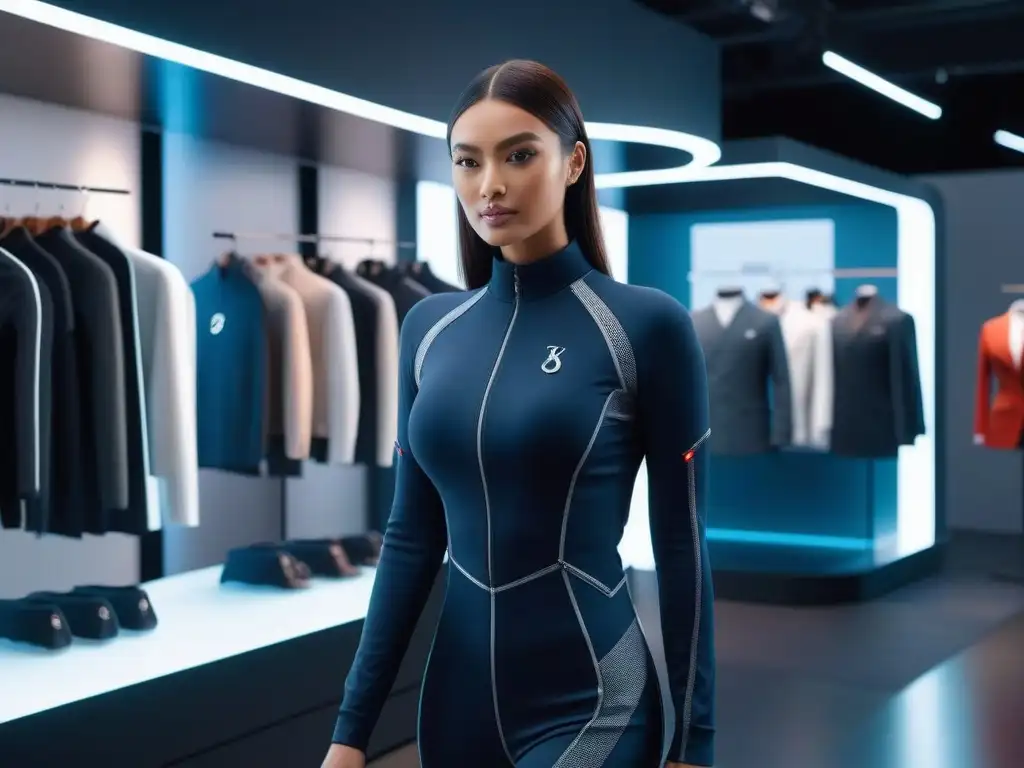 Boutique futurista de moda petite con tecnología avanzada Una boutique futurista de moda petite personalizada con tecnología avanzada y elegante iluminación ambiental