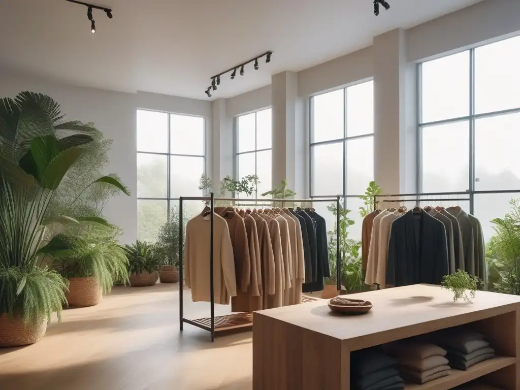 Tienda de moda ecoconsciente: elegancia sostenible y armonía Una boutique de moda ecoconsciente y bienestar personal con ropa sostenible en tonos suaves y terrosos, decoración minimalista y plantas verdes