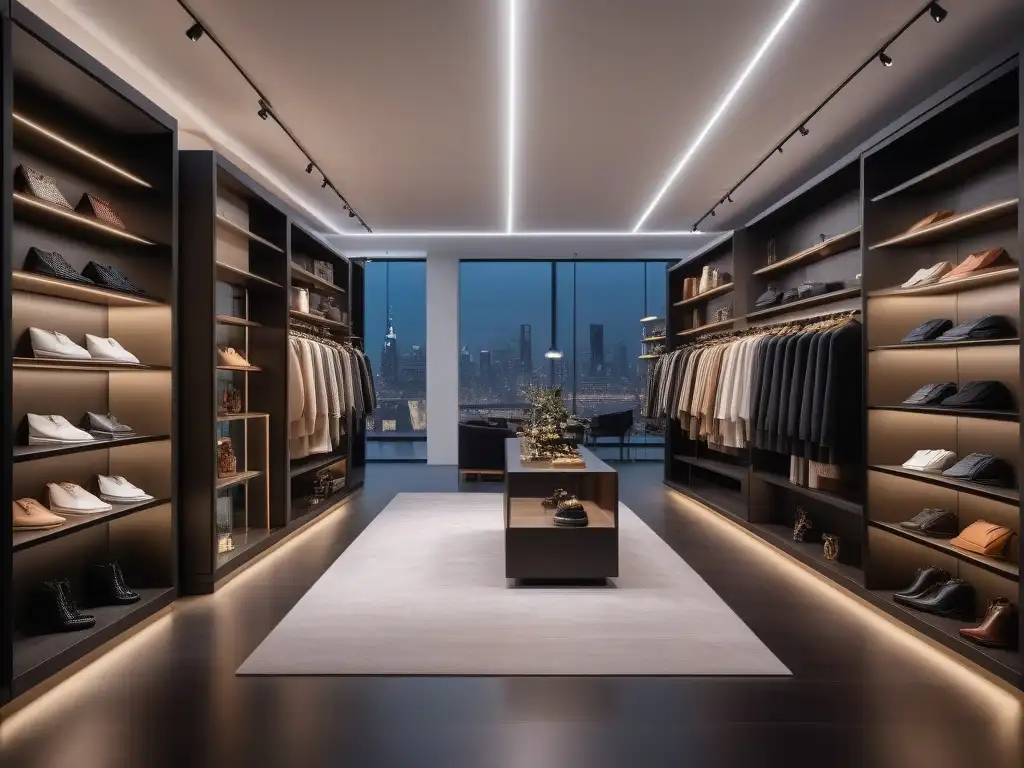 Boutique de moda exclusiva: elegancia y lujo en cada detalle Una boutique de moda elegante y exclusiva con un ambiente cálido y luces suaves, resaltando prendas de diseñador