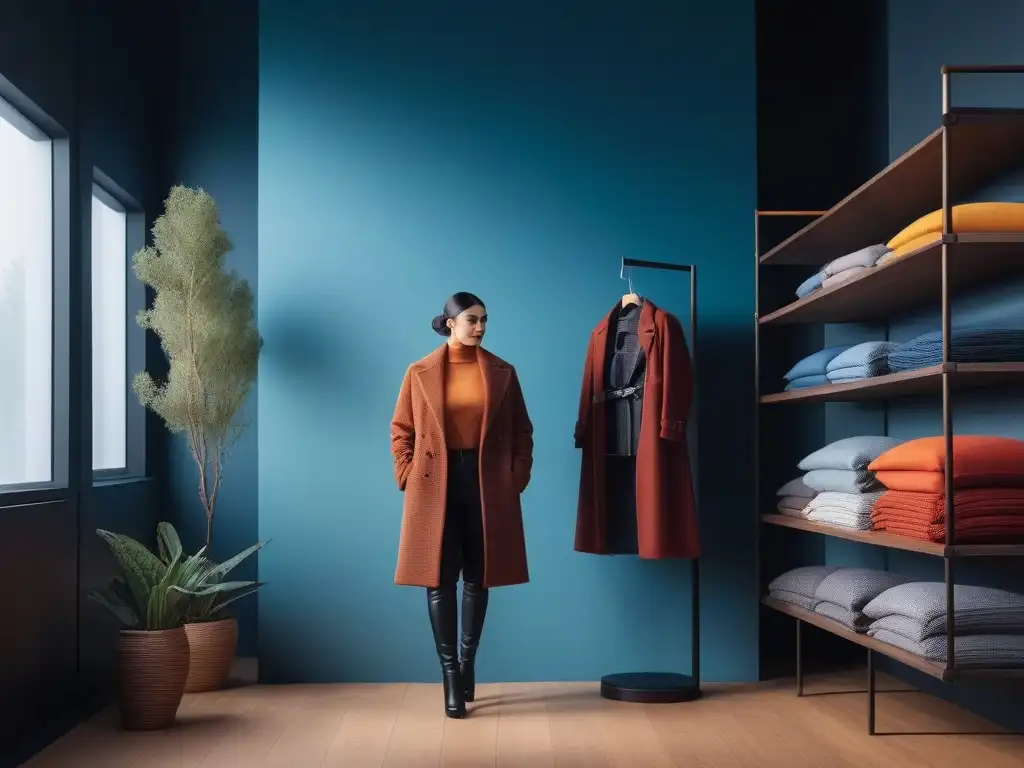 Una boutique de moda infantil moderna y elegante con prendas hechas a mano en estantes minimalistas