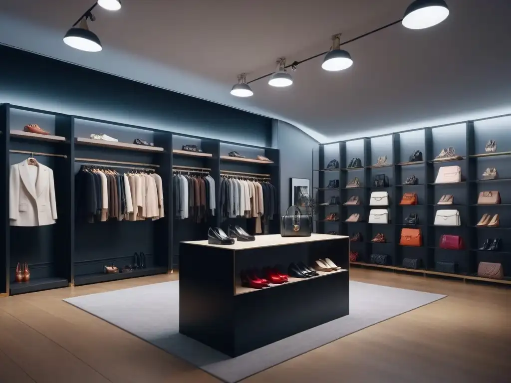 Boutique de moda elegante y exclusiva con ambiente contemporáneo Una boutique de moda chic con decoración minimalista y productos de lujo