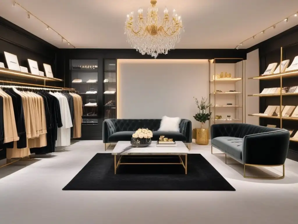 Elegante boutique de moda con estilo y sofisticación Una boutique de moda minimalista con ropa trendy, luces cálidas y área Instagramworthy