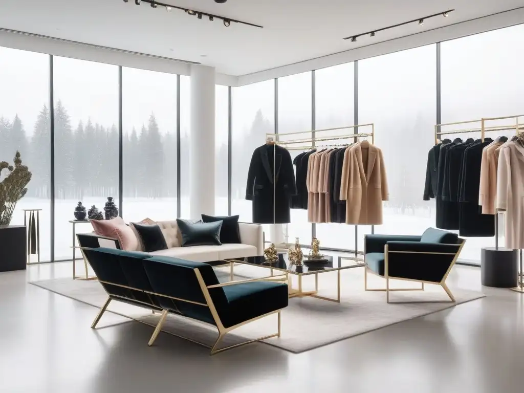 Interior de boutique de moda chic y moderno: lujo y exclusividad Una boutique de moda moderna y elegante con programas de lealtad en moda, destacando lujo y exclusividad