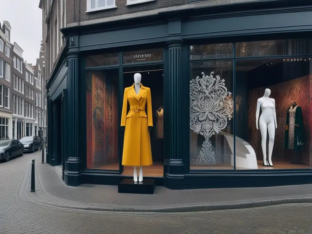 Tienda de moda vanguardista en Amsterdam: escaparate inclusivo y vibrante Una boutique moderna en Amsterdam con diseño de moda para todas, maniquíes innovadores y murales coloridos en la fachada