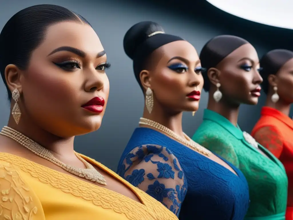 Maniquíes de moda plus size: diversidad y elegancia en alta resolución Maniquíes plus size en boutique moderna exhiben outfits vibrantes, resaltando diversidad y estilo para cuidado prendas plus size prolongar