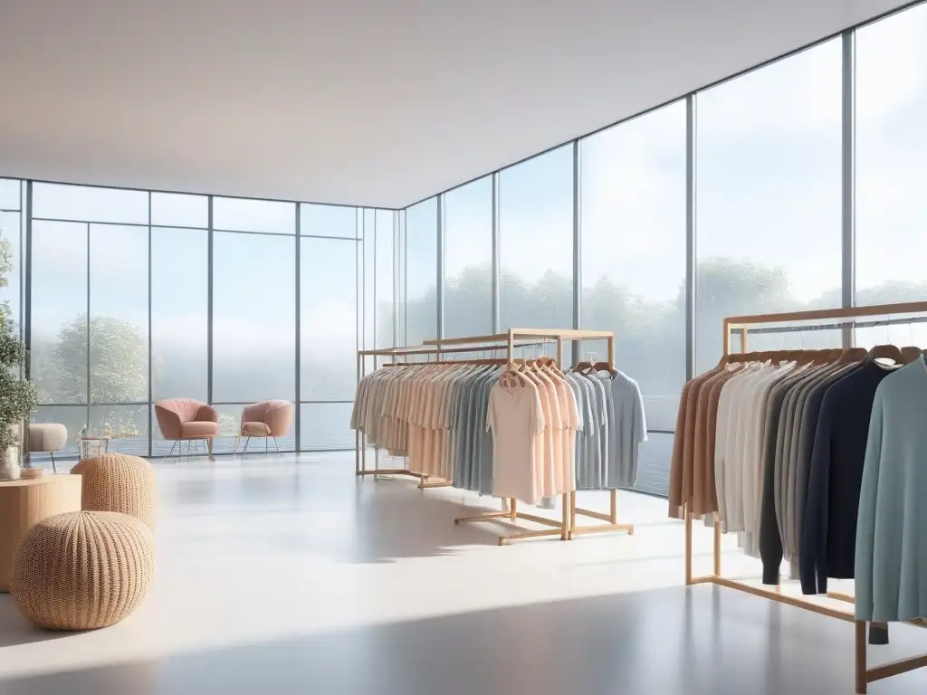 Tienda de ropa de maternidad: suavidad y estilo en tonos pastel Una boutique moderna de ropa maternal con tejidos recomendados, exhibiendo telas suaves en tonos pastel y maniquíes elegantes