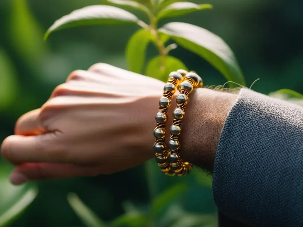 Pulsera ecológica: belleza sostenible y artesanía elegante Un brazalete ecoamigable de diseño intrincado, sostenible y elegante, sostenido en una mano bajo luz natural