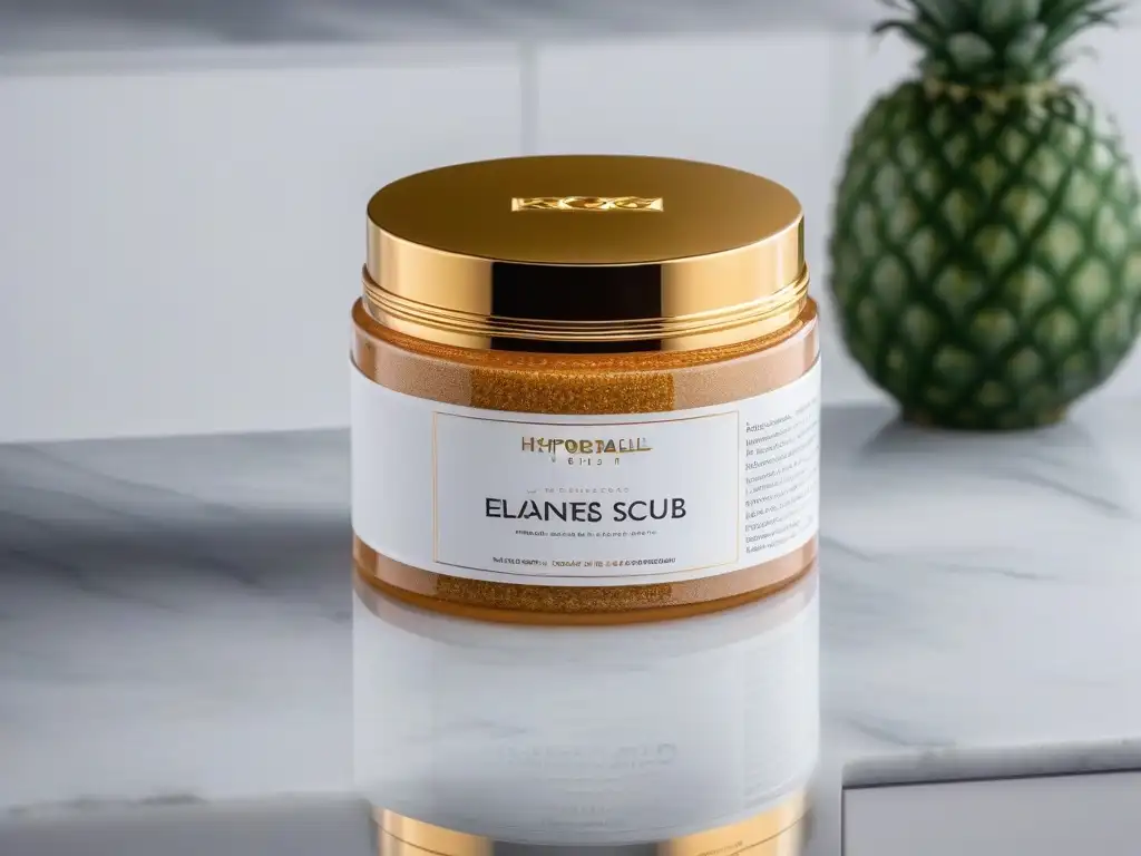 Exfoliante de lujo con packaging dorado sobre mármol Brillante exfoliante de lujo en elegante envase dorado sobre encimera de mármol, resaltando sus beneficios exfoliantes de lujo