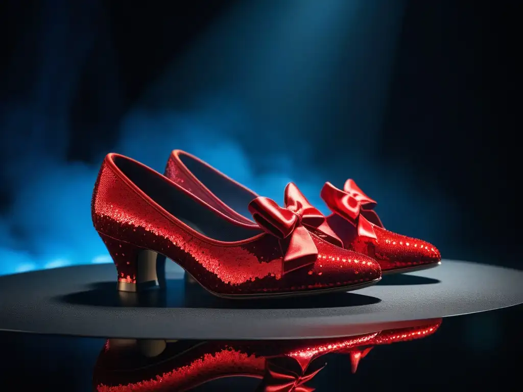 Zapatos de rubí de Dorothy: detalle y nostalgia en alta resolución Brillantes zapatillas de rubí de 'El Mago de Oz' en un museo, resaltando detalles y atmósfera de misterio